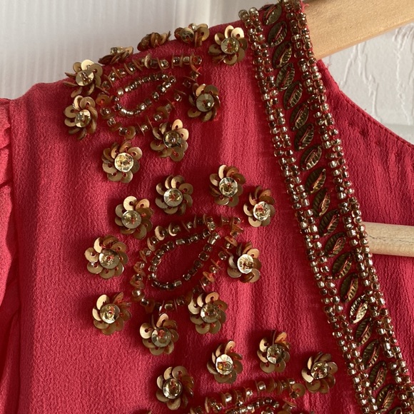 NWT French Connection Bex Beaded Coral Silk Long Sleeve Dress - size 6 - Picture 9 of 14